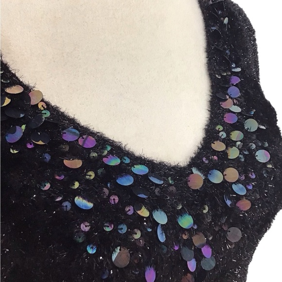 Nicole Miller Black Fuzzy Sequin V Neck Sweater - Picture 4 of 7